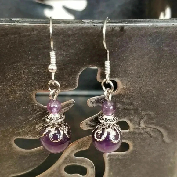Hand Crafted Jewelry - Hand Crafted Amethyst Victorian Lace Art Nouveau Gemstone Bead Drop Earrings